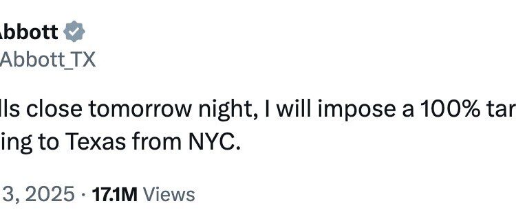 El gobernador de Texas, Greg Abbott, amenaza con un ‘arancel del 100%’ a los neoyorquinos que quieran huir al estado de la estrella solitaria